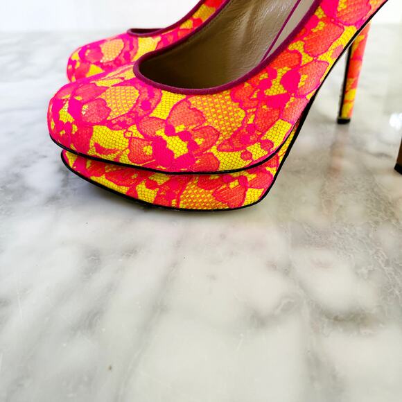 Nicholas Kirkwood Neon Pink Yellow Lace Platform 36.5 Pump 80's Bright Dance Y2K - Picture 5 of 8